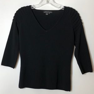 Attitude Womens Black Knit Ruffle 3/4 Sleeve V-Neck Pullover Sweater M MEDIUM